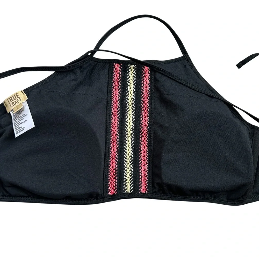 TRUE CRAFT Women’s Halter Bikini Top Black Red/Yellow Boho Embroidery Detail‎ L